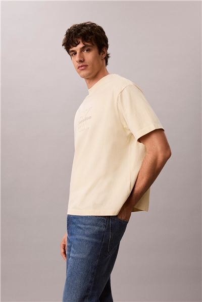 Calvin Klein Ss 16S Linen Applique Monologo T Erkek Bisiklet Yaka T-Shirt