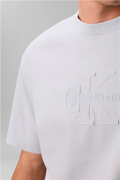 Calvin Klein Ss 16S Linen Applique Monologo T Erkek Bisiklet Yaka T-Shirt Mavi