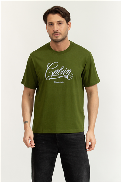 Calvin Klein SS 20S LN Calvin Script Graphic Erkek Bisiklet Yaka T-Shirt