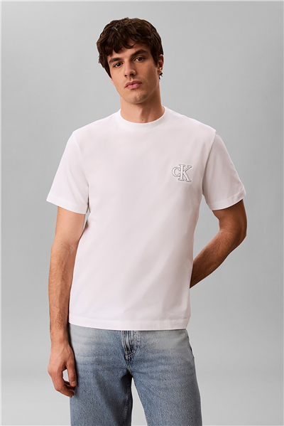 Calvin Klein Ss 30S Jersey Easy Monogram Puff Erkek Bisiklet Yaka T-Shirt Beyaz