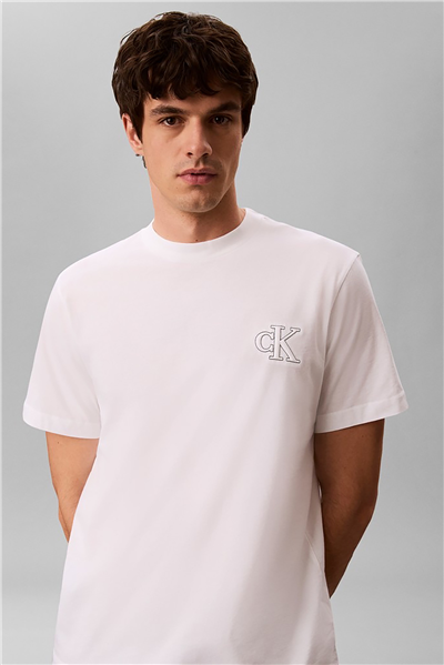 Calvin Klein Ss 30S Jersey Easy Monogram Puff Erkek Bisiklet Yaka T-Shirt Beyaz