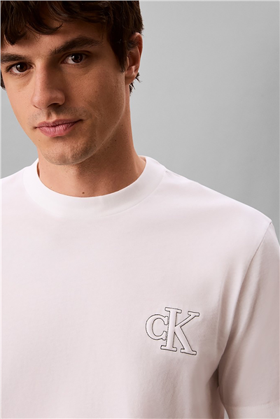 Calvin Klein Ss 30S Jersey Easy Monogram Puff Erkek Bisiklet Yaka T-Shirt Beyaz