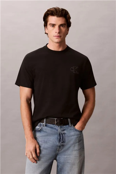 Calvin Klein Ss 30S Jersey Easy Monogram Puff Erkek Bisiklet Yaka T-Shirt Siyah