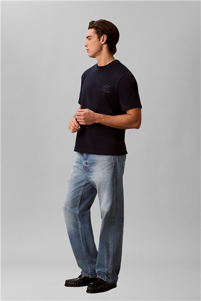 Calvin Klein Ss 30S Jersey Easy Monogram Puff Erkek Bisiklet Yaka T-Shirt Lacivert