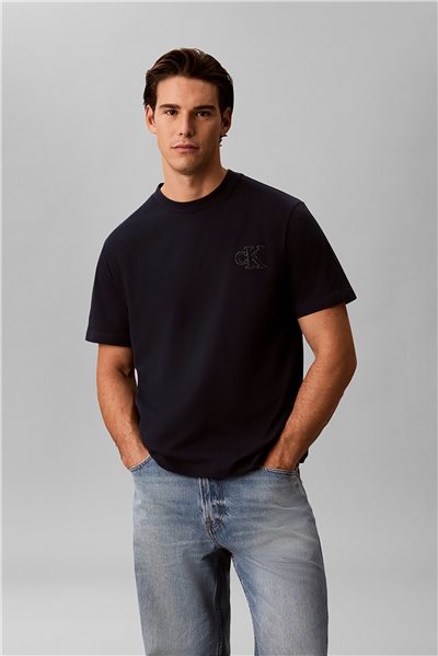 Calvin Klein Ss 30S Jersey Easy Monogram Puff Erkek Bisiklet Yaka T-Shirt Lacivert