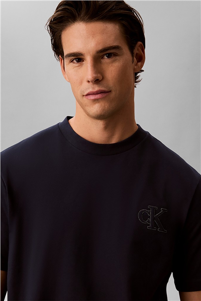 Calvin Klein Ss 30S Jersey Easy Monogram Puff Erkek Bisiklet Yaka T-Shirt Lacivert