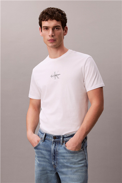 Calvin Klein Ss 30S Micro Monologo Tee Erkek Bisiklet Yaka T-Shirt Beyaz