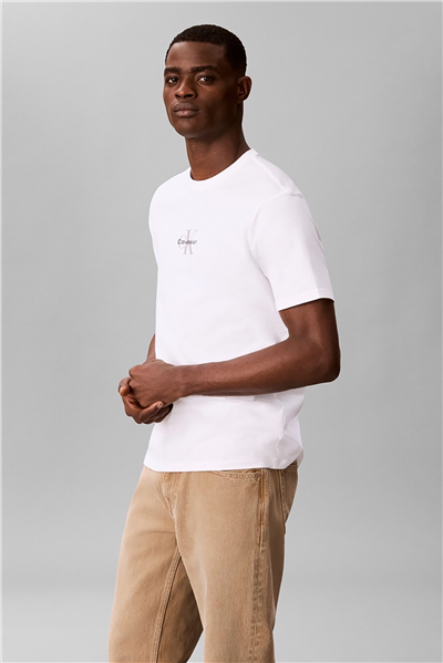 Calvin Klein Ss 30S Micro Monologo Tee Erkek Bisiklet Yaka T-Shirt Beyaz