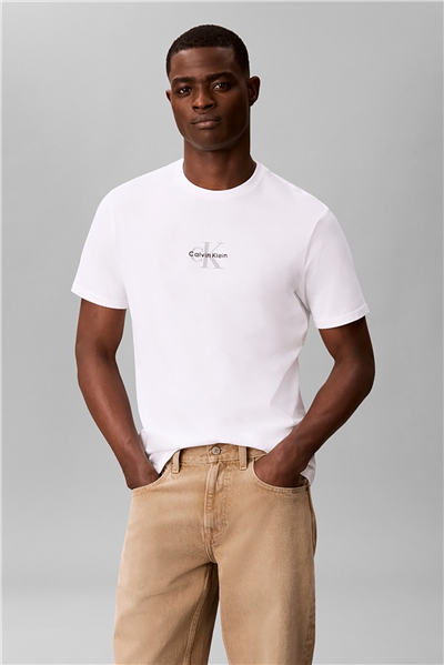 Calvin Klein Ss 30S Micro Monologo Tee Erkek Bisiklet Yaka T-Shirt Beyaz