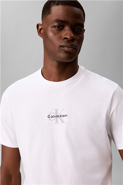 Calvin Klein Ss 30S Micro Monologo Tee Erkek Bisiklet Yaka T-Shirt Beyaz