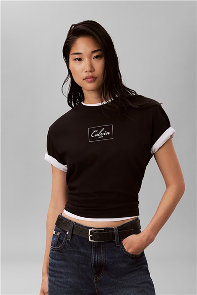 Calvin Klein Ss Boxy Bold Box Logo Tee Kadın Bisiklet Yaka T-Shirt Siyah