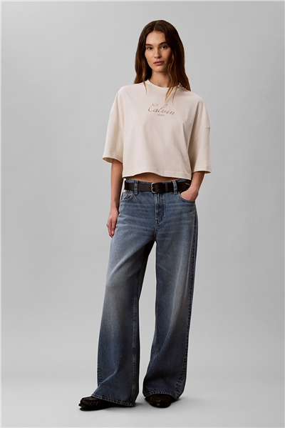 Calvin Klein Ss Boxy Crop Script Logo Tee Kadın Bisiklet Yaka T-Shirt Bej