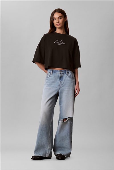 Calvin Klein Ss Boxy Crop Script Logo Tee Kadın Bisiklet Yaka T-Shirt Siyah