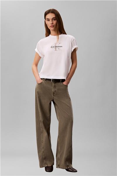 Calvin Klein Ss Boxy Hand Drawn Monologo Tee Kadın Bisiklet Yaka T-Shirt Beyaz