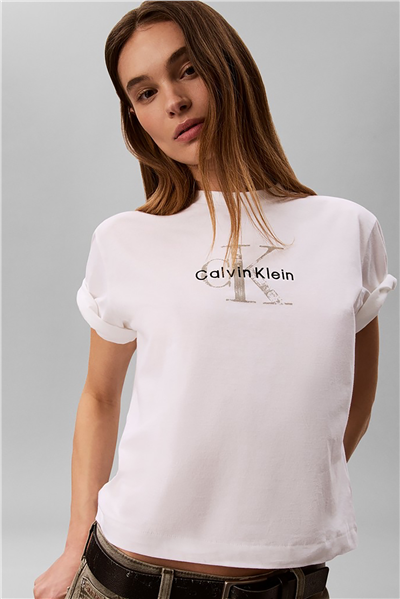 Calvin Klein Ss Boxy Hand Drawn Monologo Tee Kadın Bisiklet Yaka T-Shirt Beyaz