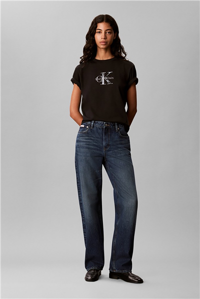 Calvin Klein Ss Boxy Hand Drawn Monologo Tee Kadın Bisiklet Yaka T-Shirt Siyah