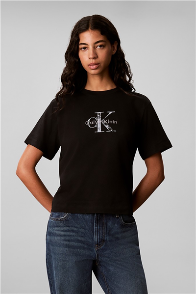 Calvin Klein Ss Boxy Hand Drawn Monologo Tee Kadın Bisiklet Yaka T-Shirt Siyah