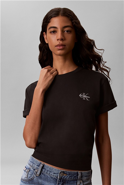 Calvin Klein Ss Boxy Left Chest Monologo Tee Kadın Bisiklet Yaka T-Shirt Siyah