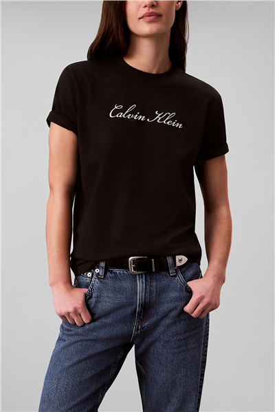 Calvin Klein Ss Classic Script Logo Tee Kadın Bisiklet Yaka T-Shirt Siyah