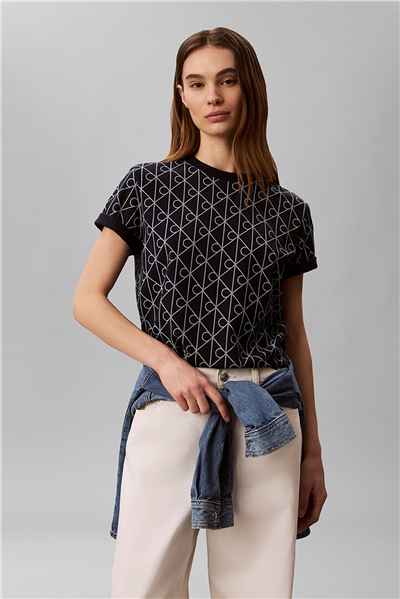 Calvin Klein Ss Classic Seasonal Aop Tee Kadın Bisiklet Yaka T-Shirt Lacivert