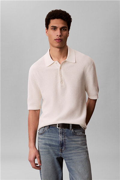 Calvin Klein Ss Cotton Waffle Polo Collarswtr Erkek Triko Beyaz
