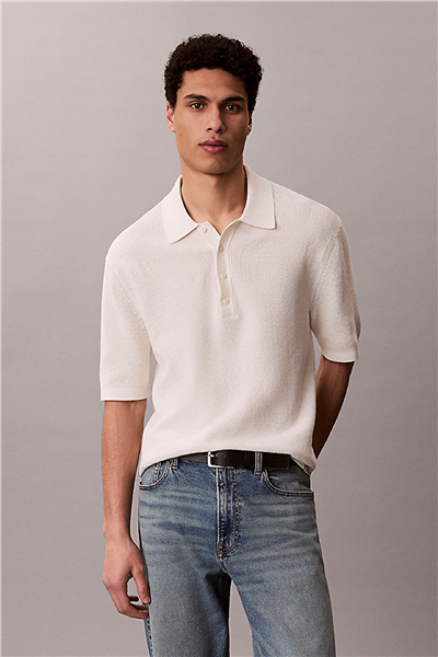 Calvin Klein Ss Cotton Waffle Polo Collarswtr Erkek Triko Beyaz