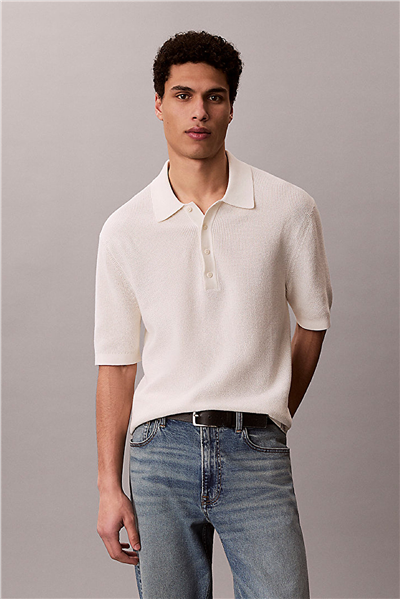 Calvin Klein Ss Cotton Waffle Polo Collarswtr Erkek Triko Beyaz