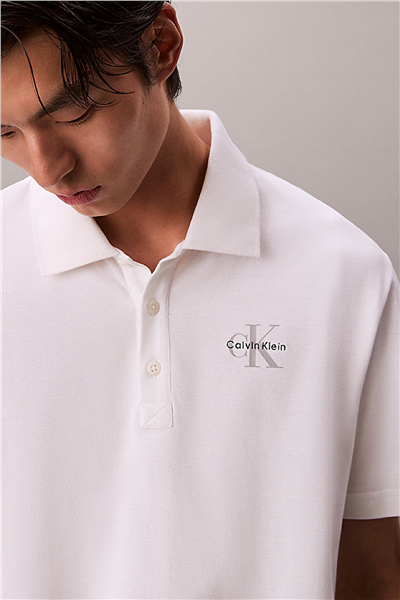 Calvin Klein Ss Easy Monologo Casual Pique Po Erkek Polo Yaka T-Shirt Beyaz