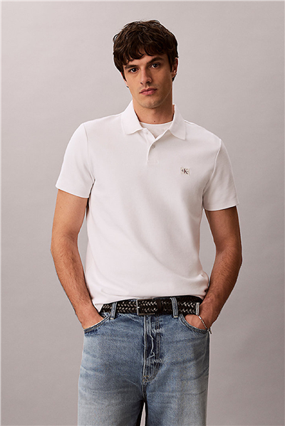 Calvin Klein Ss Microwaffle Woven Label Polo Erkek Polo Yaka T-Shirt Beyaz