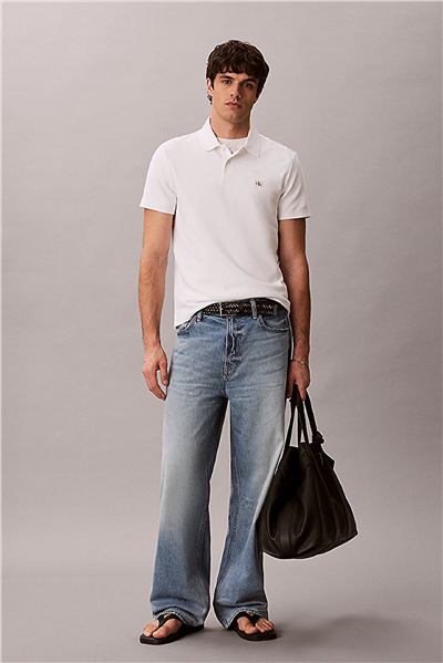 Calvin Klein Ss Microwaffle Woven Label Polo Erkek Polo Yaka T-Shirt Beyaz
