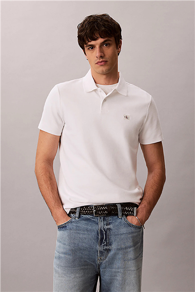 Calvin Klein Ss Microwaffle Woven Label Polo Erkek Polo Yaka T-Shirt Beyaz