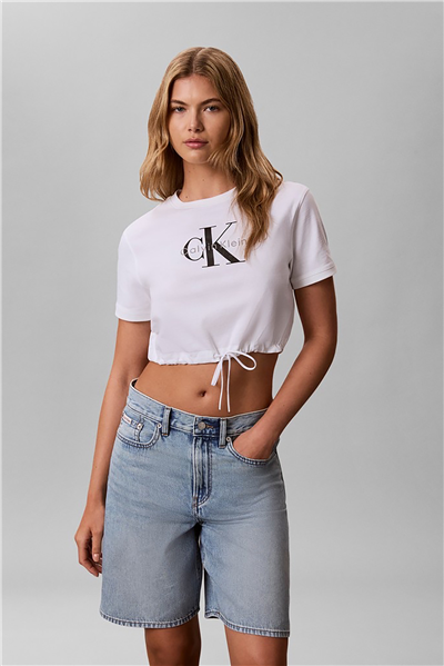 Calvin Klein Ss Monologo Cropped Tie Tee Kadın Bisiklet Yaka T-Shirt Beyaz