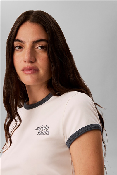 Calvin Klein Ss Slim Logo Ringer Tee Kadın Bisiklet Yaka T-Shirt Beyaz