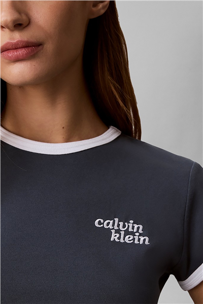 Calvin Klein Ss Slim Logo Ringer Tee Kadın Bisiklet Yaka T-Shirt