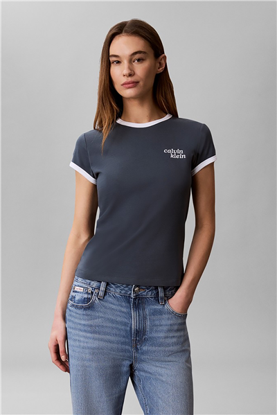 Calvin Klein Ss Slim Logo Ringer Tee Kadın Bisiklet Yaka T-Shirt