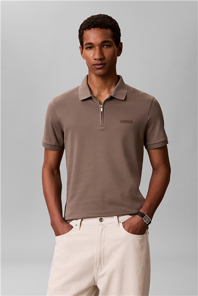Calvin Klein SS Slim Supima Zip Polo Erkek Polo Yaka T-Shirt Gri