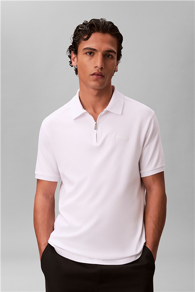 Calvin Klein SS Slim Supima Zip Polo Erkek Polo Yaka T-Shirt Beyaz