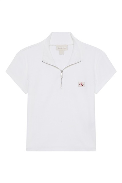 Calvin Klein Ss Woven Label 2X2 Baby Rib Zip Kadın Fermuarlı T-Shirt Beyaz