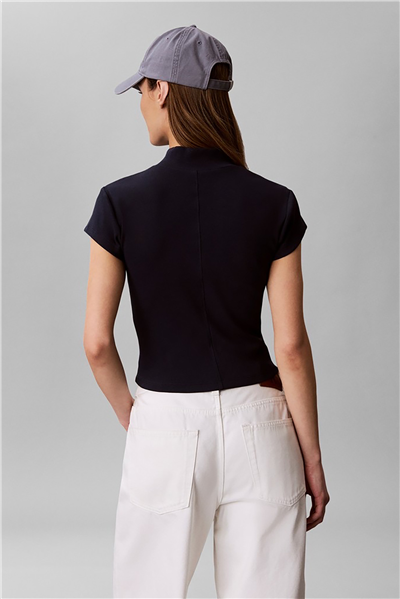 Calvin Klein Ss Woven Label 2X2 Baby Rib Zip Kadın Fermuarlı T-Shirt Lacivert