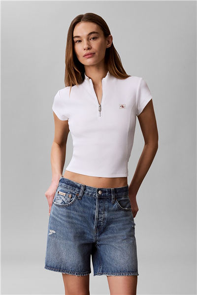Calvin Klein Ss Woven Label 2X2 Baby Rib Zip Kadın Fermuarlı T-Shirt Beyaz