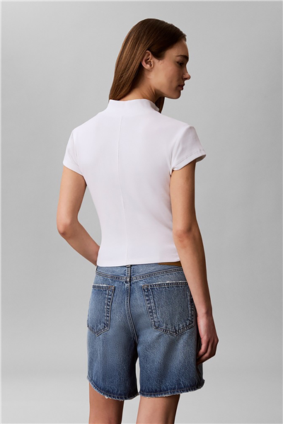 Calvin Klein Ss Woven Label 2X2 Baby Rib Zip Kadın Fermuarlı T-Shirt Beyaz