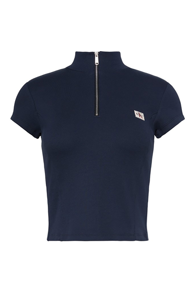 Calvin Klein Ss Woven Label 2X2 Baby Rib Zip Kadın Fermuarlı T-Shirt Lacivert