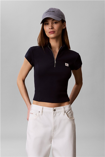 Calvin Klein Ss Woven Label 2X2 Baby Rib Zip Kadın Fermuarlı T-Shirt Lacivert