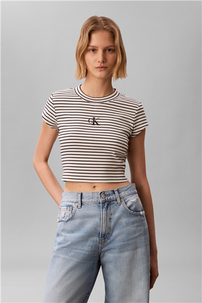 Calvin Klein Striped Monologo Bab Kadın Bisiklet Yaka T-Shirt