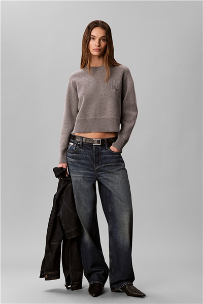 Calvin Klein Wool Cotton Raglan Pullover Kadın Triko Gri