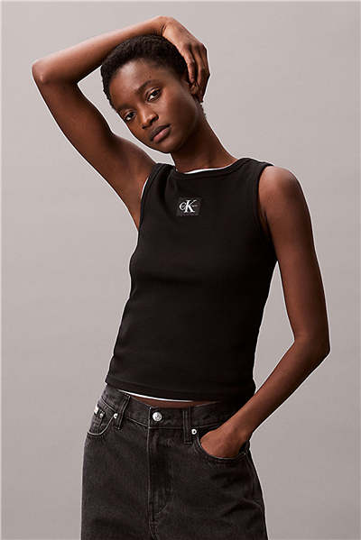 Calvin Klein Woven Label 2X2 Baby Rib Tank Kadın Kolsuz T-Shirt Siyah