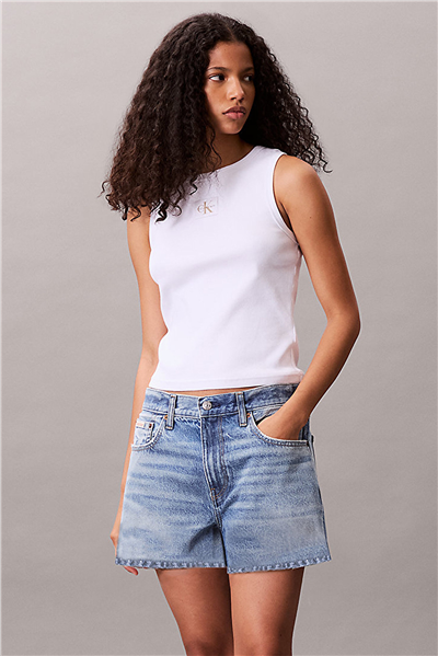Calvin Klein Woven Label 2X2 Baby Rib Tank Kadın Kolsuz T-Shirt Beyaz