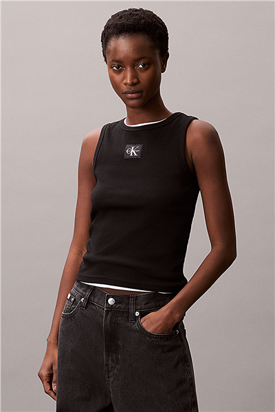 Calvin Klein Woven Label 2X2 Baby Rib Tank Kadın Kolsuz T-Shirt Siyah
