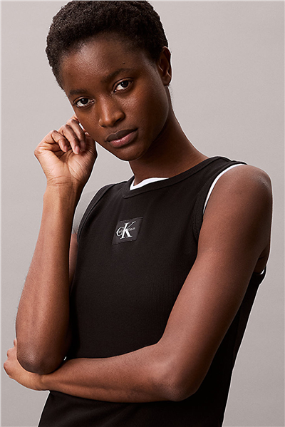 Calvin Klein Woven Label 2X2 Baby Rib Tank Kadın Kolsuz T-Shirt Siyah