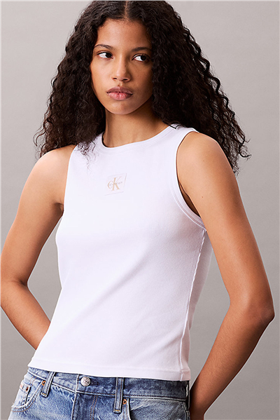 Calvin Klein Woven Label 2X2 Baby Rib Tank Kadın Kolsuz T-Shirt Beyaz
